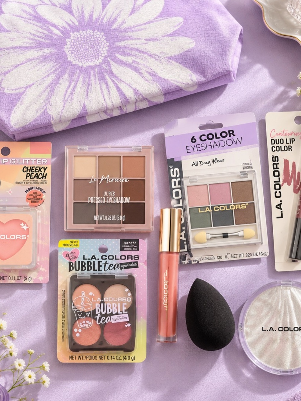 L.A. COLORS Neutral & Peach Eyeshadow and Coral Gloss - Clinique makeup bag